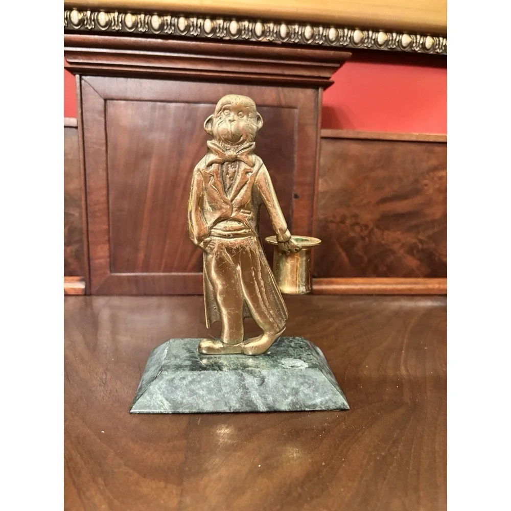Vintage Brass Monkey Figural Candle‎ Holder Butler w/ Top Hat Marble Base 7